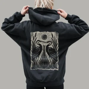 Heron Folk Art Hoodie, Linocut Style Graphic Bird Sweatshirt