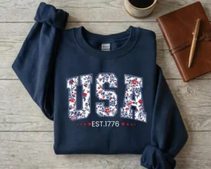 Floral USA Sweatshirt,Patriotic Varsity Crewneck, 4th of July Hoodie, American Girl Sweatshirt, USA Est 1776 Sweatshirt