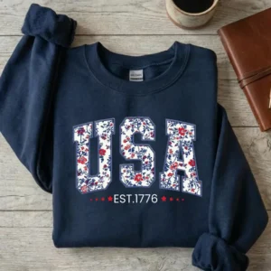 Floral USA Sweatshirt,Patriotic Varsity Crewneck, 4th of July Hoodie, American Girl Sweatshirt, USA Est 1776 Sweatshirt