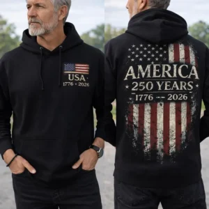Patriotic 250 Years America Hoodie, 1776 2026 USA Flag Pullover, Semiquincentennial Gift, Distressed Flag Graphic, USA Pride Hoodie Top