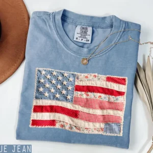 Comfort Colors American Flag Shirt, Faux Patchwork USA Tee, 4th of July Shirt